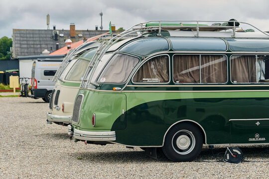 Vintage Kasb&ouml;hrer SETRA autobuses as motorhomes at Campingplatz Langballingau Schleswig-Holstein Germany classic travel and road trip lifestyle