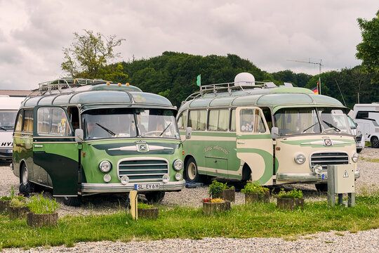 Vintage Kasb&ouml;hrer SETRA autobuses as motorhomes at Campingplatz Langballingau Germany classic campervan lifestyle and travel road trip Schleswig Holstein