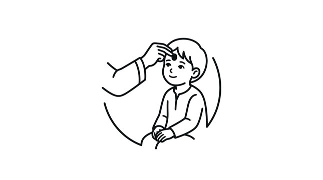 A line art illustration showing a hand applying a tilak on a young boy forehead.