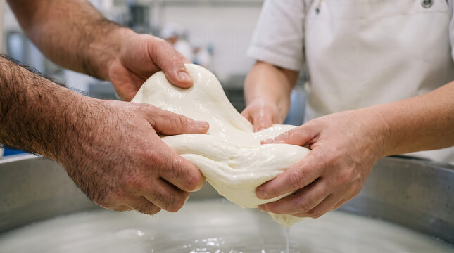 Professional cheesemaker hands stretching fresh mozzarella cheese curd over a warm water vat