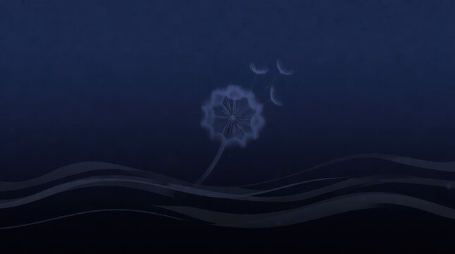 Delicate dandelion seeds floating gently in a dark navy blue atmosphere with soft flowing abstract waves