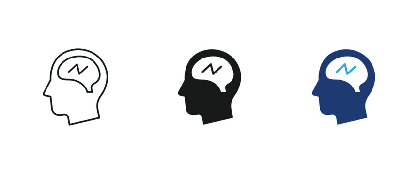 Anxiety icon, mental health disorder symbol, depression stress sign, psychology brain profile, headache frustration graphic. Vector illustration