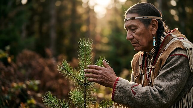 Indigenous elder touching a pine seedling in a sunlit forest