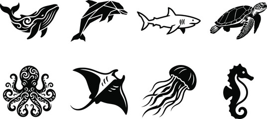 Marine Animal Silhouette Icon Collection with Ocean Life Sea Creature and Aquatic Symbols for Graphic Design Projects © GeetaRani