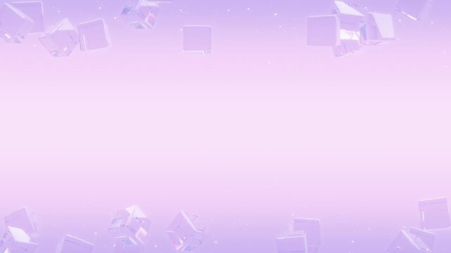 透明なガラスのキューブが上下をゆっくり流れる紫色のループ背景動画 / Looping background video of a transparent glass cube gently drifting up and down against a pastel purple backdrop