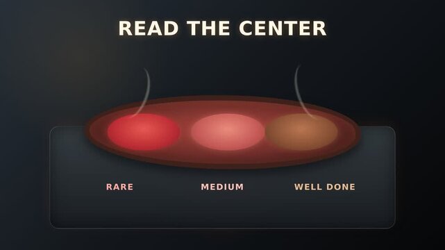 Animation of Steak Doneness Chart Indicating Rare, Medium, and Well Done. Glowing Element Movement with Typography.