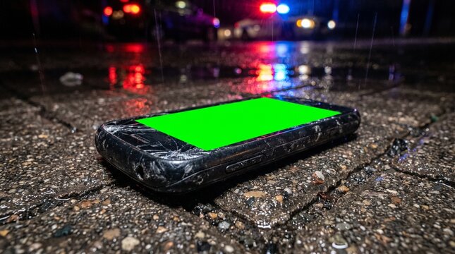 Close up of cracked smartphone screen on rainy asphalt at night.