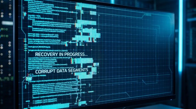 Computer monitor displaying digital recovery screen with corrupt data.