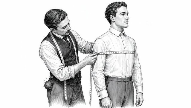 Vintage engraving sketch of tailor measuring man for custom clothing fitting and professional tailoring service