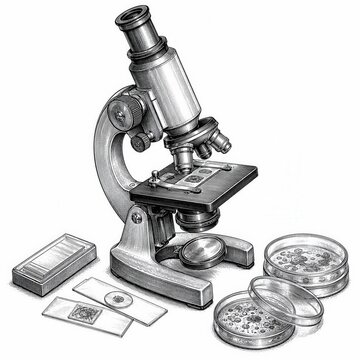 Vintage engraving sketch of laboratory microscope with microscope slides petri dishes and research samples