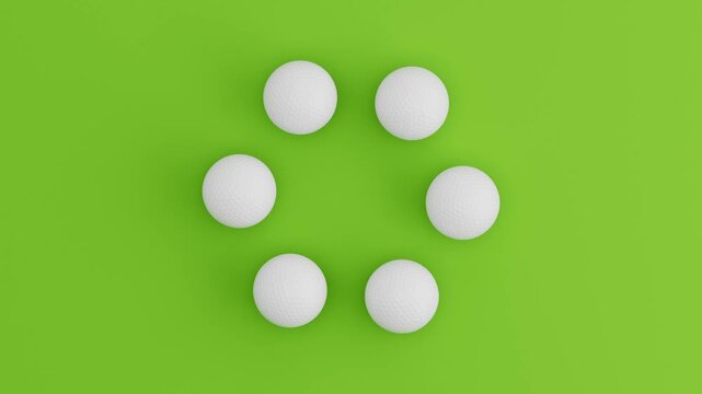 Six Golf Balls Rolling in Circular Loop on Green Background. Seamless 3D Render Animation.