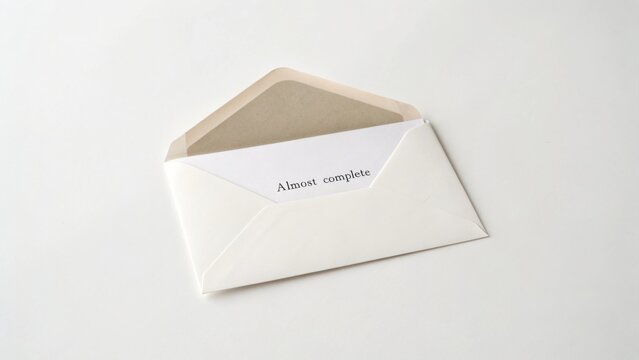 Elegant open envelope with note stating 'Almost complete' on a clean white surface showcasing simplicity and anticipation