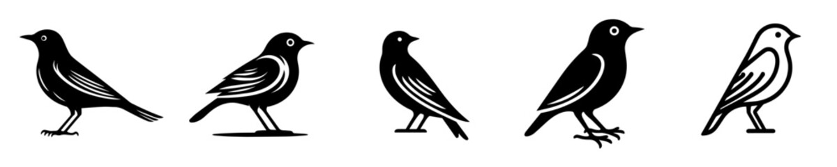 Fototapeta premium Bird silhouette vectors set. Black and white small sparrow standing positions illustration for logo, icon, and design.