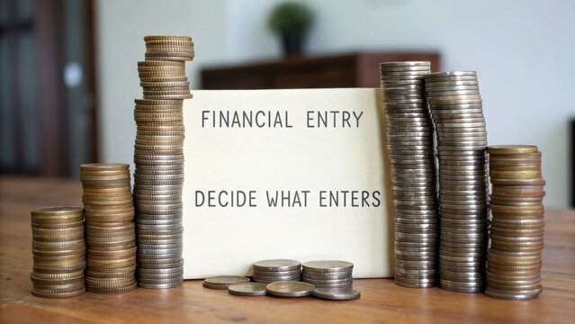 Financial Entry Decision Making with Stacked Coins on a Wooden Table for Budgeting and Accounting Concepts