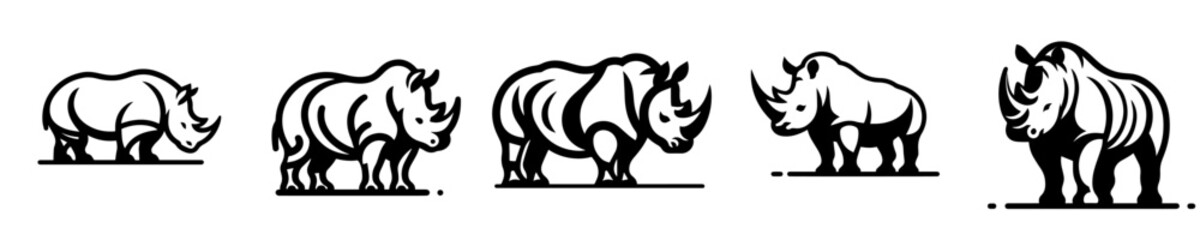 Rhinoceros silhouette vectors set. Black and white powerful rhino standing positions illustration for logo, icon, and design. © Sromben