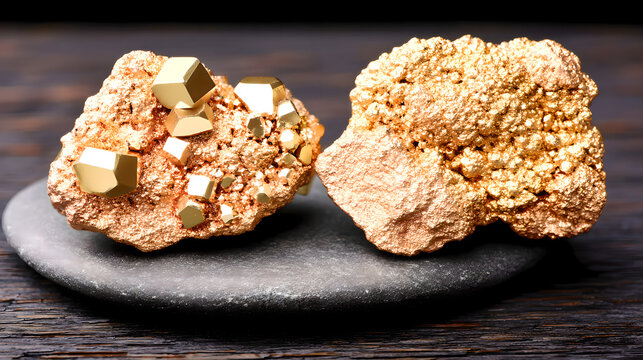 Close up of copper ore crystal clusters, growing on dark bedrock, displaying natural ore texture, emphasizing advanced energy storage materials and strategic mineral significance