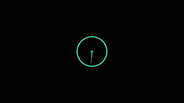 Glowing neon cyan clock animation with circular dial and hour marks on black background, futuristic digital time lapse loop graphic, high tech style countdown clock hands spin for scifi hud interface.