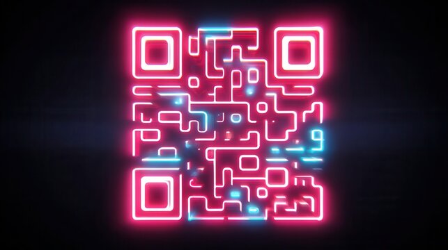 Futuristic neon QR code glowing in pink and blue digital scan technology concept background