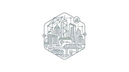 Fototapeta premium A detailed line art illustration of a modern city skyline inside a hexagon frame.