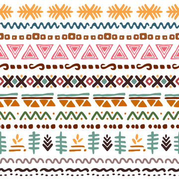 Vector collection of isolated seamless horizontal borders on a white background. Traditional African, Aztec, and boho style patterns, ribbons, and brushes featuring geometric symbols, zigzags