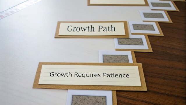 Growth Path and Growth Requires Patience Signage on a Table Surrounded by Texture Samples for Development Workshop