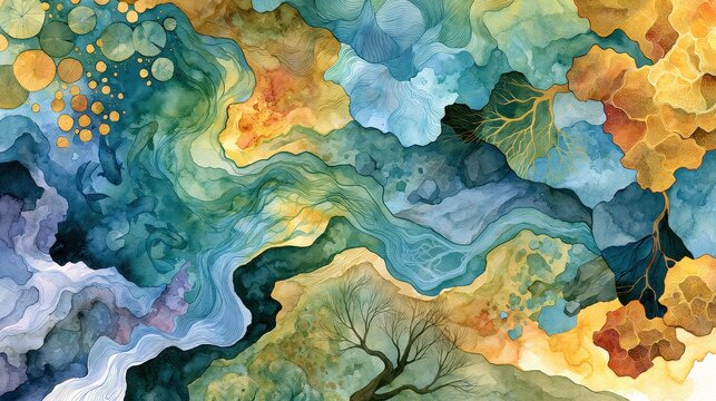 This artwork communicates environmental sustainability, water conservation, and ecological restoration through a colorful abstract watercolor composition.