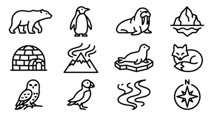 Arctic Animals and Winter Icons Set: Polar Bear, Penguin, Walrus, Fox, Igloo, Iceberg © Kampanggmu
