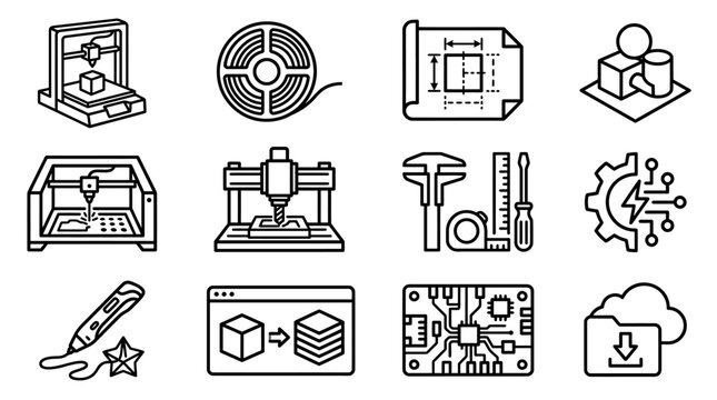 3D Printing and Manufacturing Icons: Technology, Design, Engineering, and Innovation