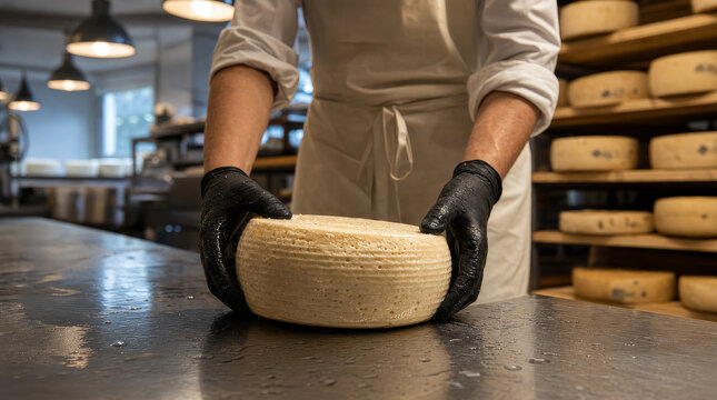 Detailed shot of professional gloved hands flipping a round textured wheel of artisan craft cheese on a stainless steel table in a dairy warehouse.