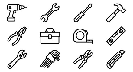Obraz premium Collection of Hand Tool Icons: Drill, Wrench, Screwdriver, Hammer, Pliers, Toolbox, Tape Measure, Level