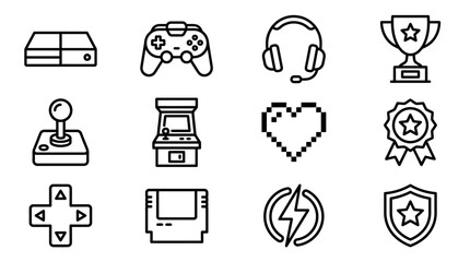 Retro Gaming Icons: Console, Controller, Joystick, Arcade, Heart, Trophy, Badges © Kampanggmu