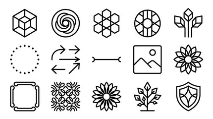 Fototapeta premium Geometric Icons and Symbols Collection: Abstract Shapes, Nature, Technology, Design Elements