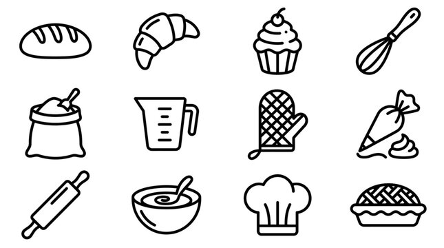 Baking Icons Set: Bread, Croissant, Cupcake, Whisk, Flour, Measuring Cup, Oven Mitt, Piping Bag