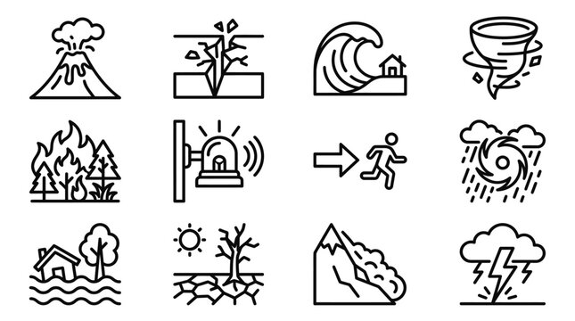 Natural Disaster Icons: Volcano, Earthquake, Tsunami, Tornado, Fire, Flood, Storms