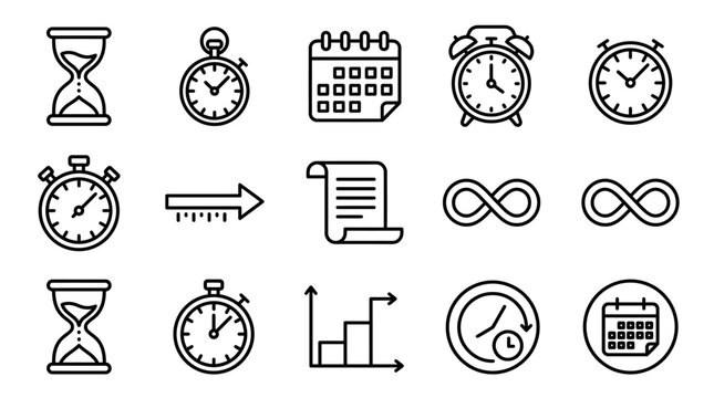 Time Management Icons: Clocks, Calendar, Stopwatch, Hourglass, Infinity Symbol, Graph