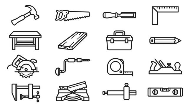 Set of carpentry and DIY tools icons, line art collection on white background