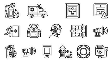 Emergency Services Icons: Fire, Ambulance, Safety, First Aid, Firefighter, Evacuation © masferdi