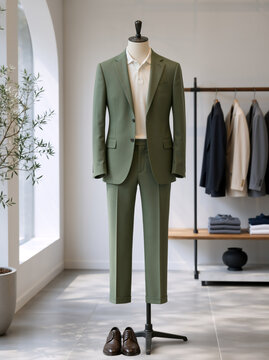 Sage green men's suit with cropped trousers on a mannequin. Elegant menswear display in a modern boutique
