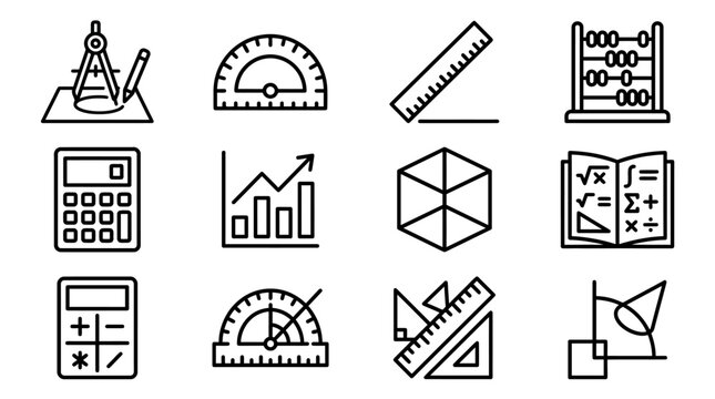Math and Geometry Icons Set: Calculator, Abacus, Ruler, Protractor, Compass, Graph