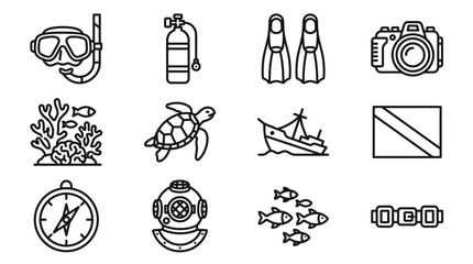 Underwater Adventure Icons: Scuba Gear, Marine Life, Diving Equipment, and Navigation Tools © masferdi