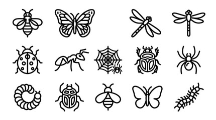 Collection of Insect Icons: Bee, Butterfly, Dragonfly, Ladybug, Ant, Spider, Beetle, Caterpillar © mbaknia