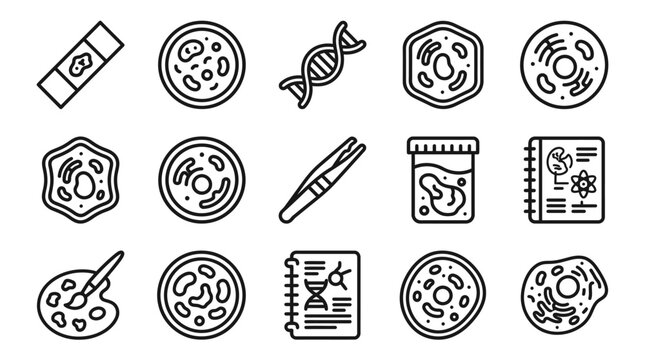 Cell Biology Icons: DNA, Microscope Slide, Petri Dish, Tweezers, Lab Book