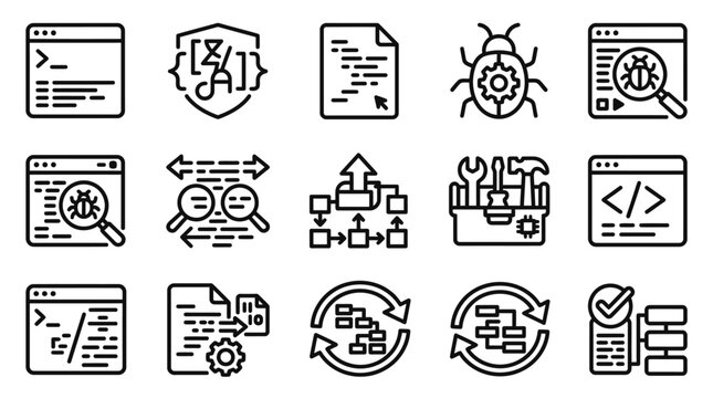 Software Development Icons: Coding, Debugging, Tools, Workflow, Process