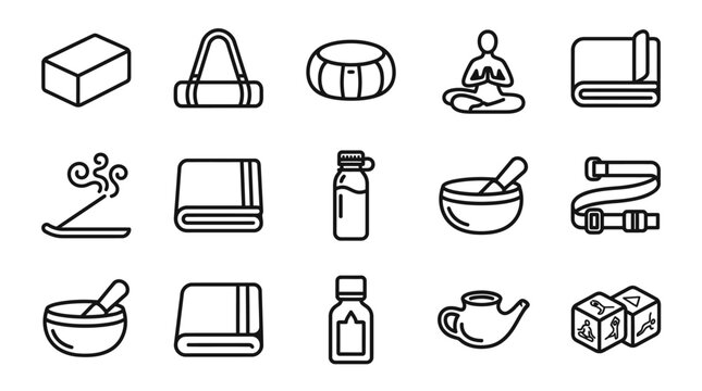 Yoga and Meditation Icons Set: Mat, Block, Incense, Oil, Towel, Mortar, Kettle, Dice