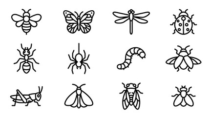 Collection of Insect Icons: Bee, Butterfly, Dragonfly, Ladybug, Ant, Spider, Caterpillar, Fly, Grasshopper, Moth © Musani