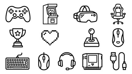 Retro Gaming Icons: Controller, Arcade, VR, Chair, Trophy, Joystick, Keyboard, Mouse, Headset © massutris