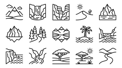 Obraz premium Vector Landscape Icons: Mountains, Waterfalls, Deserts, Islands & Forests