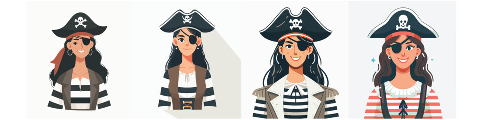 Set of Female Pirate Character Avatars with Eyepatch in Cartoon Flat Vector Illustration Collection