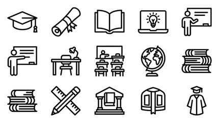 Education Icons Set: Graduation Cap, Diploma, Books, Laptop, Teacher, Globe, School Building © massutris