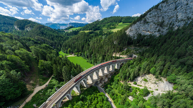 Aerial panoramic view of the Semmering Railway viaduct in the Austrian Alps